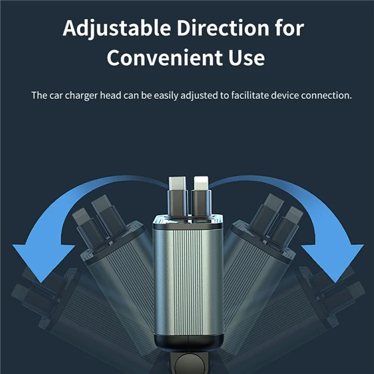 GC08B Fast Charge Car Charger Ambient Light Voltage Display Adapter with Type-C + 8Pin Retractable Cables