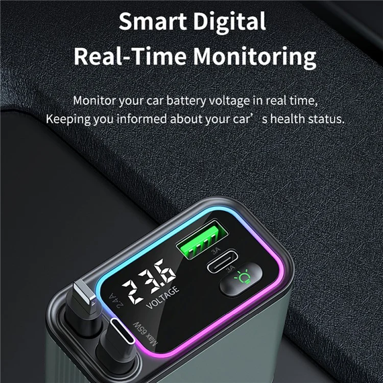 GC08B Fast Charge Car Charger Ambient Light Voltage Display Adapter with Type-C + 8Pin Retractable Cables