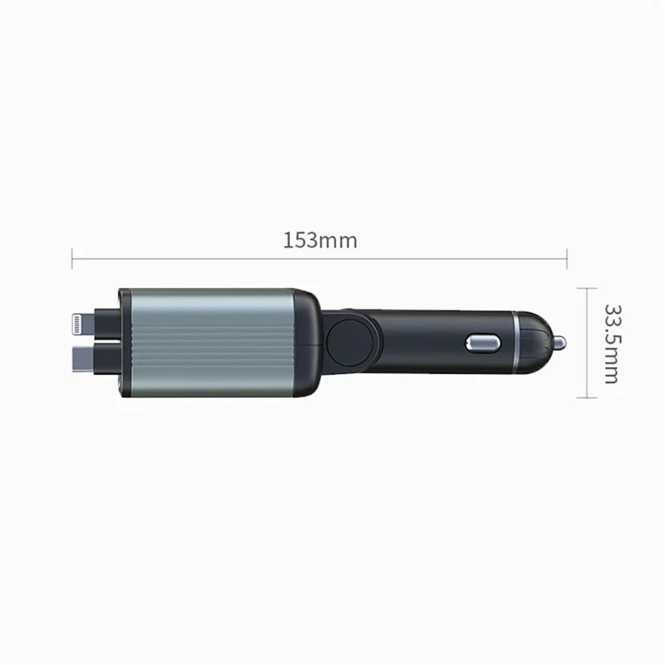 GC08B Fast Charge Car Charger Ambient Light Voltage Display Adapter with Type-C + 8Pin Retractable Cables