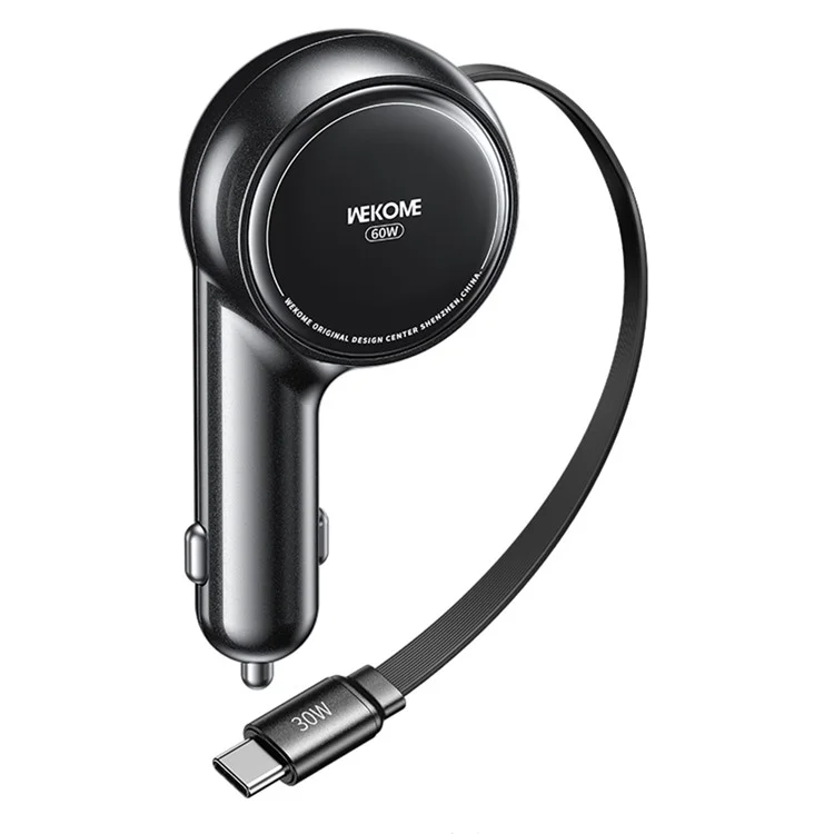 WEKOME WP-C50 Car Charger 60W Dual USB-C Port Fast Charging Adapter with 0.8m Retractable Cable - Black