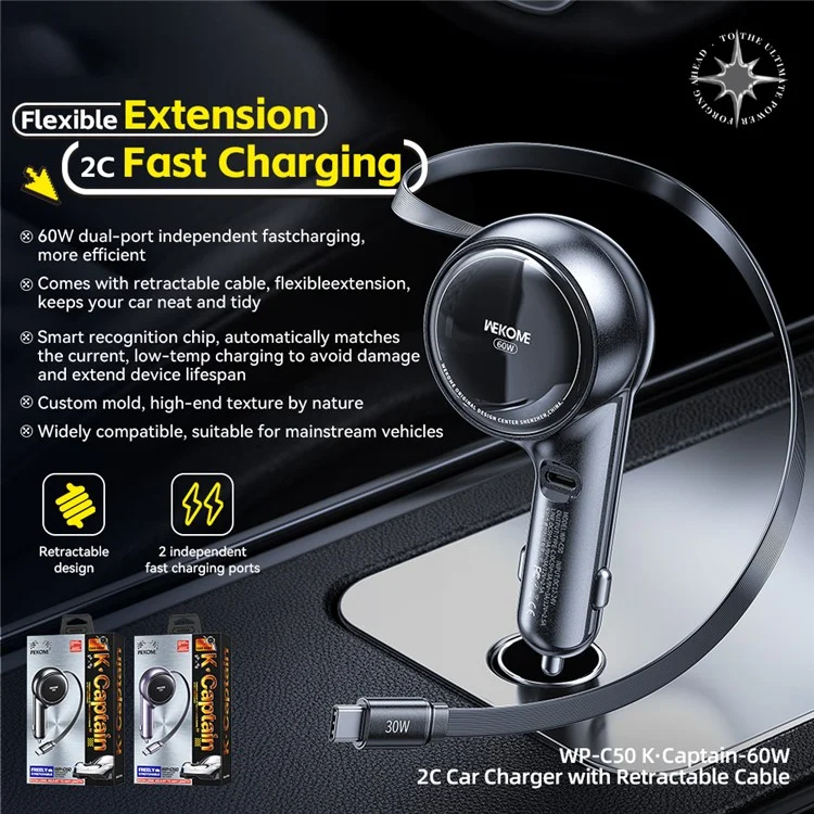 WEKOME WP-C50 Car Charger 60W Dual USB-C Port Fast Charging Adapter with 0.8m Retractable Cable - Black