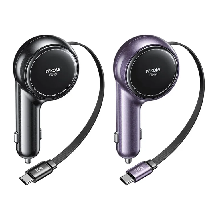 WEKOME WP-C50 Car Charger 60W Dual USB-C Port Fast Charging Adapter with 0.8m Retractable Cable - Black