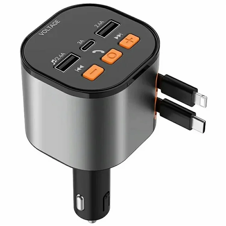 PT-21 FM Transmitter Car Charger Voltage Display PD Fast Charging Adapter with iP  /  Type C Retractable Cables