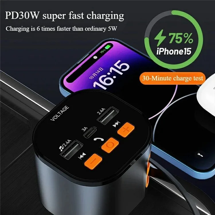 PT-21 FM Transmitter Car Charger Voltage Display PD Fast Charging Adapter with iP  /  Type C Retractable Cables