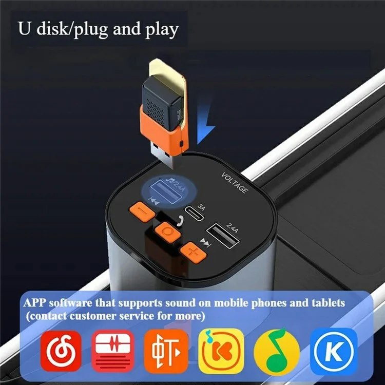 PT-21 FM Transmitter Car Charger Voltage Display PD Fast Charging Adapter with iP  /  Type C Retractable Cables
