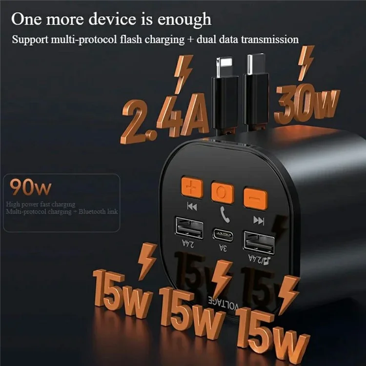 PT-21 FM Transmitter Car Charger Voltage Display PD Fast Charging Adapter with iP  /  Type C Retractable Cables
