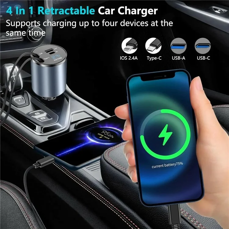 Chargeur allume-cigare PT-19 100W Adaptateur de charge rapide avec câbles rétractables iP / Type C