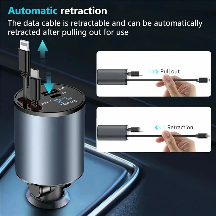 Chargeur allume-cigare PT-19 100W Adaptateur de charge rapide avec câbles rétractables iP / Type C
