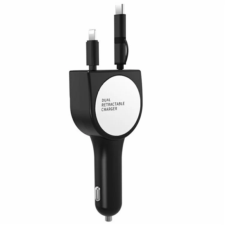 PT-3 Fast Charging Car Charger Built-In Retractable Cable Smart Multi-Function 3-in-1 Auto Adapter