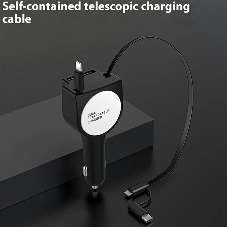 PT-3 Fast Charging Car Charger Built-In Retractable Cable Smart Multi-Function 3-in-1 Auto Adapter