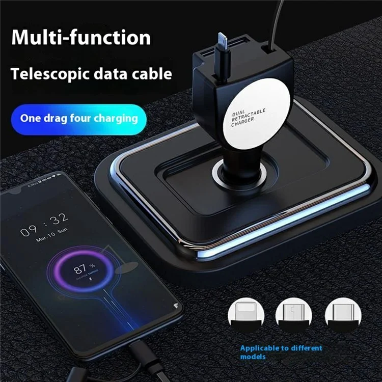PT-3 Fast Charging Car Charger Built-In Retractable Cable Smart Multi-Function 3-in-1 Auto Adapter