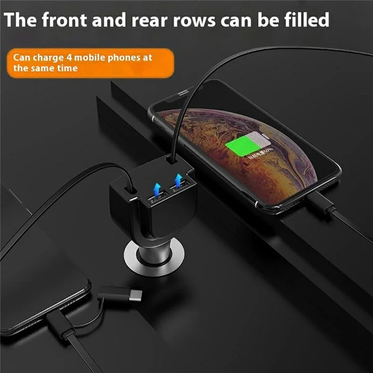 PT-3 Fast Charging Car Charger Built-In Retractable Cable Smart Multi-Function 3-in-1 Auto Adapter