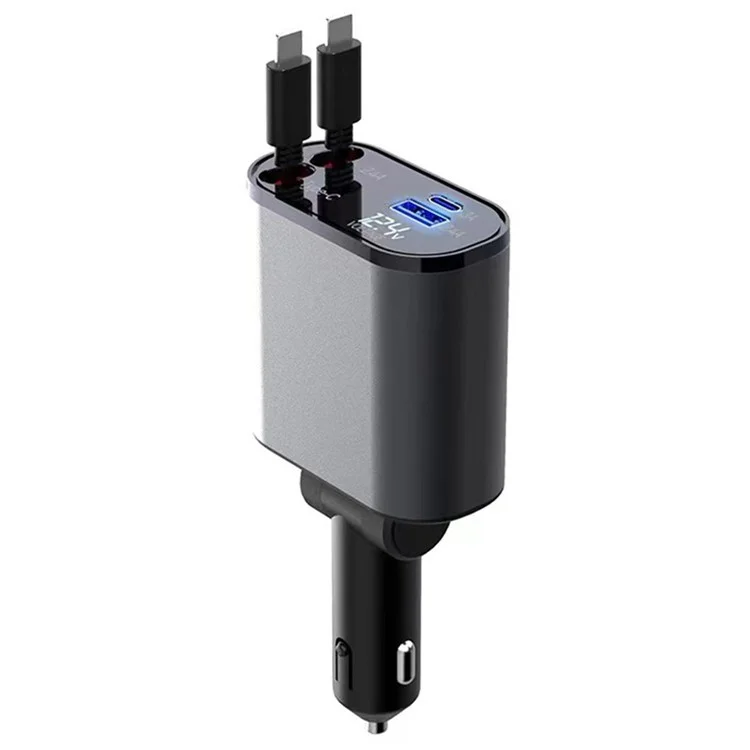 PT-16 Fast Charging Car Charger LED Display Cigarette Lighter Adapter with Dual iP Retractable Cable