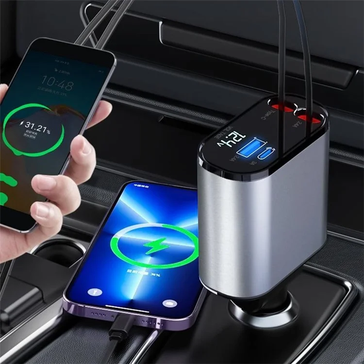PT-16 Fast Charging Car Charger LED Display Cigarette Lighter Adapter with Dual iP Retractable Cable