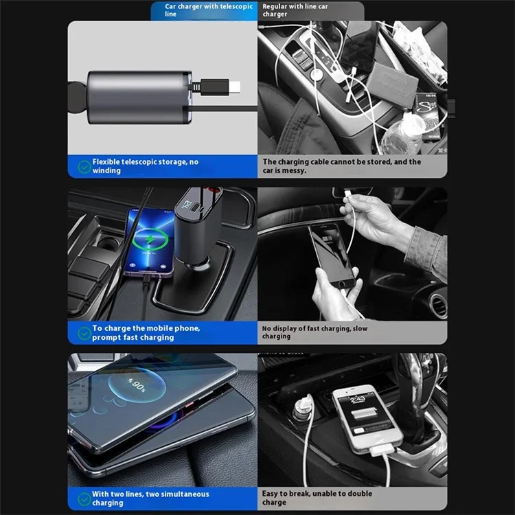 PT-16 Fast Charging Car Charger LED Display Cigarette Lighter Adapter with Dual iP Retractable Cable