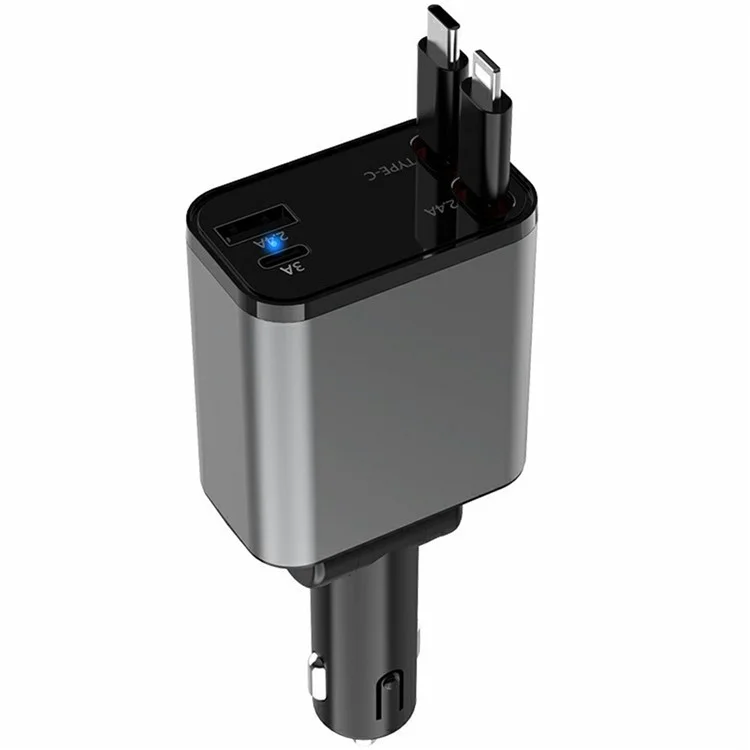 PT-27 Car Charger with Type-C  /  iP Retractable Cable Super Fast Charging Cable for Cell Phones, Tablets