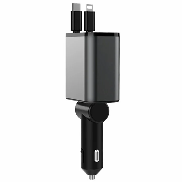 PT-27 Car Charger with Type-C  /  iP Retractable Cable Super Fast Charging Cable for Cell Phones, Tablets