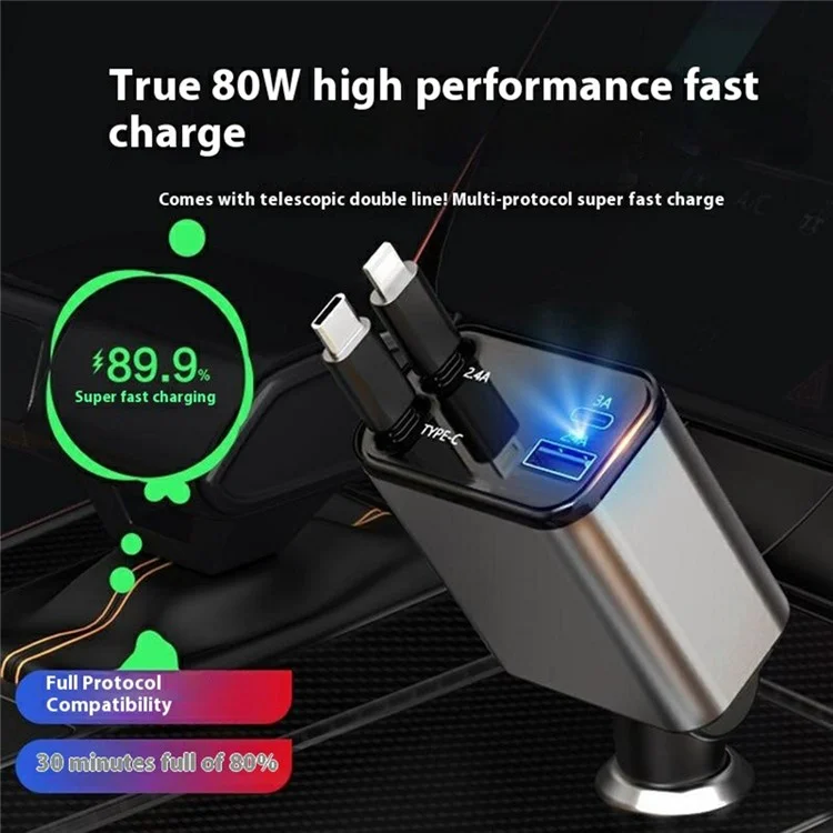 PT-27 Car Charger with Type-C  /  iP Retractable Cable Super Fast Charging Cable for Cell Phones, Tablets