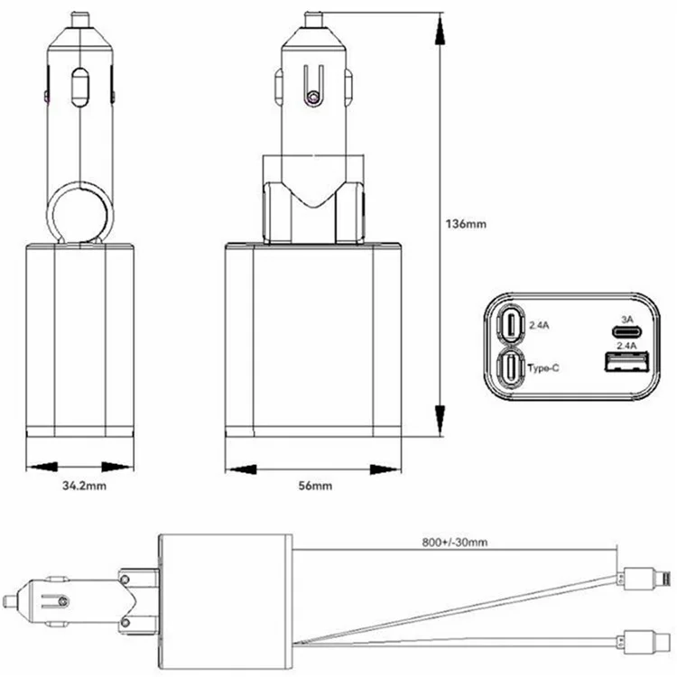 PT-27 Car Charger with Type-C  /  iP Retractable Cable Super Fast Charging Cable for Cell Phones, Tablets