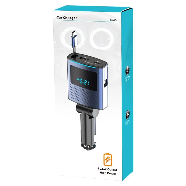 SC09 PD 65W Fast Charging Car Charger Cigarette Lighter Adapter with 1m Retractable Type C Cable
