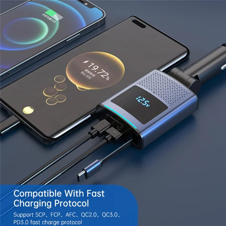 SC09 PD 65W Fast Charging Car Charger Cigarette Lighter Adapter with 1m Retractable Type C Cable