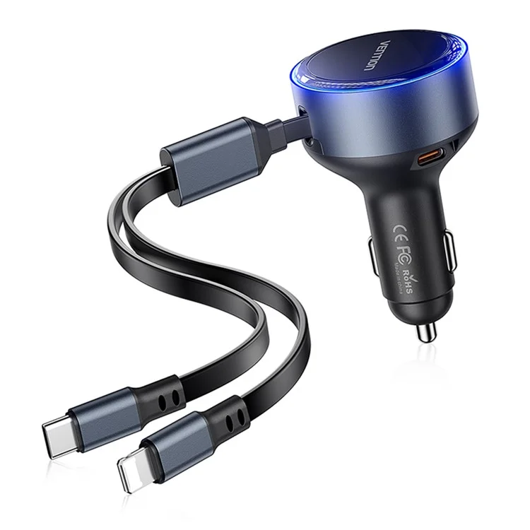 VENTION FFOB0 PD 30W Fast Charging Car Charger with Built In Type C  /  iP Cables for 12V-24V Vehicle