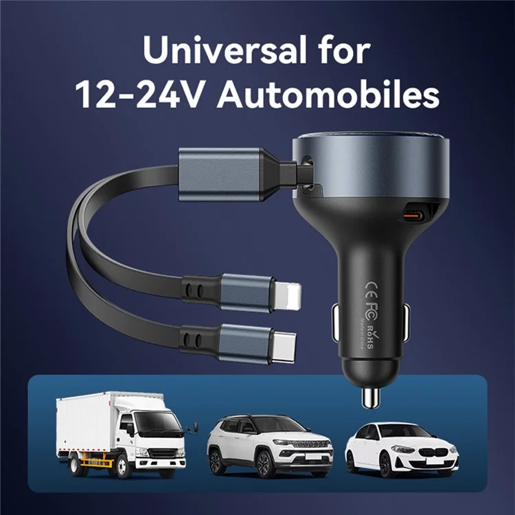 VENTION FFOB0 PD 30W Fast Charging Car Charger with Built In Type C  /  iP Cables for 12V-24V Vehicle