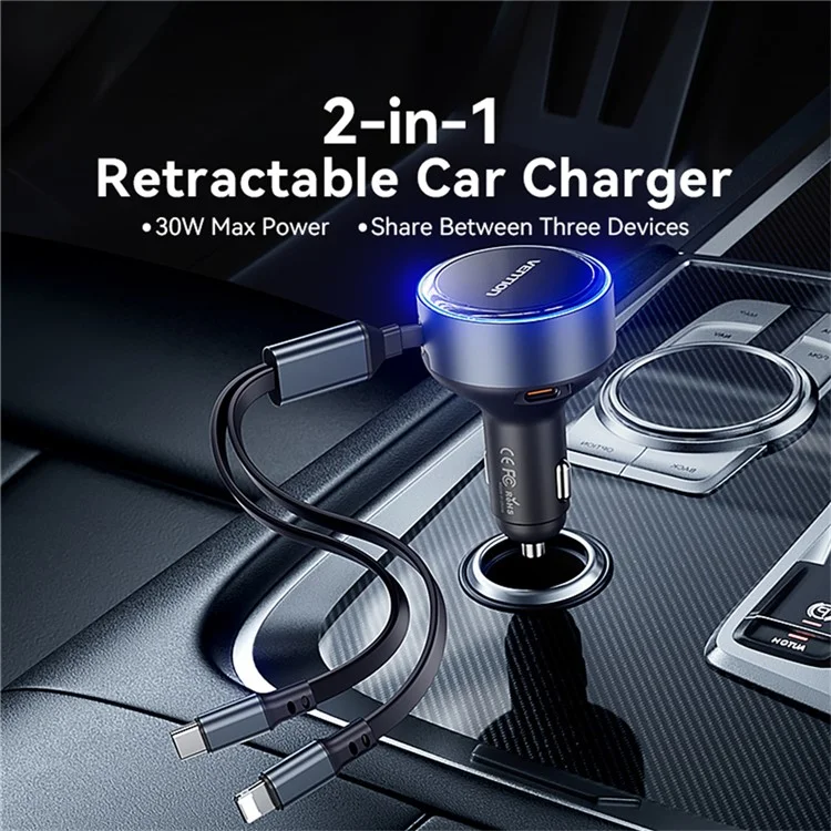 VENTION FFOB0 PD 30W Fast Charging Car Charger with Built In Type C  /  iP Cables for 12V-24V Vehicle