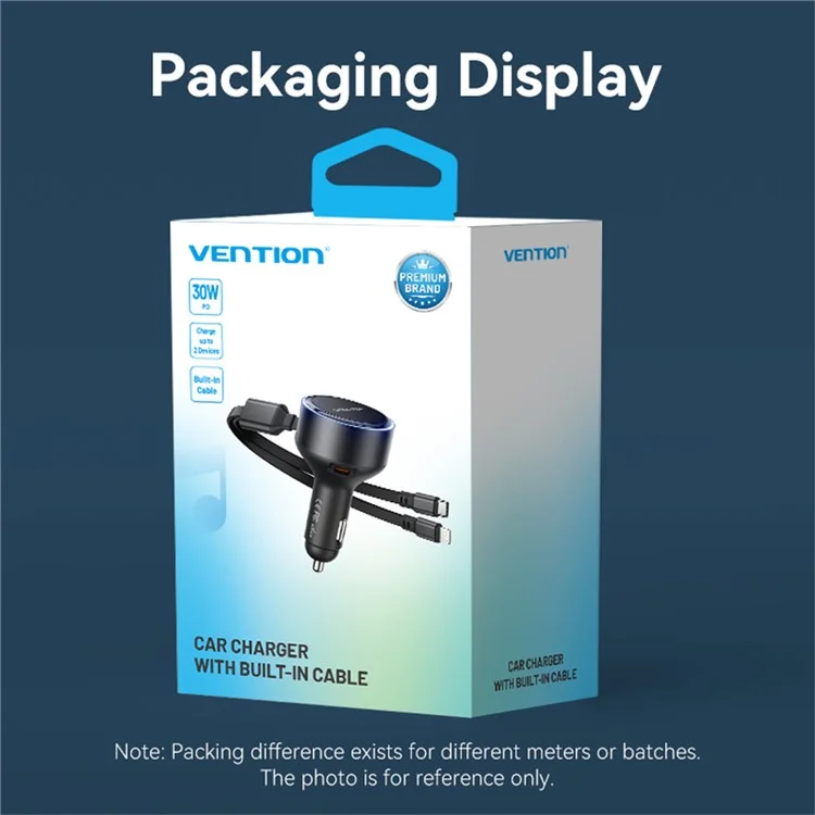 VENTION FFOB0 PD 30W Fast Charging Car Charger with Built In Type C  /  iP Cables for 12V-24V Vehicle