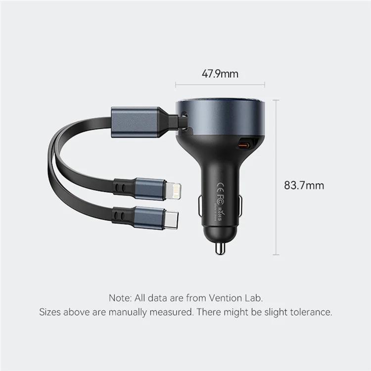 VENTION FFOB0 PD 30W Fast Charging Car Charger with Built In Type C  /  iP Cables for 12V-24V Vehicle
