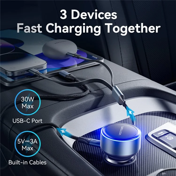 VENTION FFOB0 PD 30W Fast Charging Car Charger with Built In Type C  /  iP Cables for 12V-24V Vehicle
