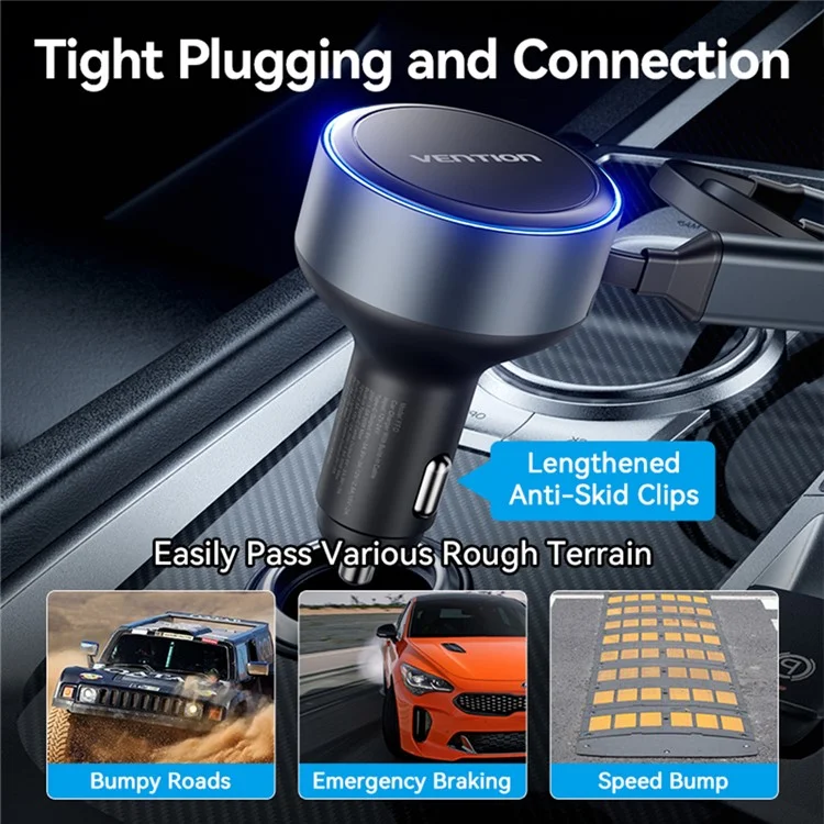 VENTION FFOB0 PD 30W Fast Charging Car Charger with Built In Type C  /  iP Cables for 12V-24V Vehicle