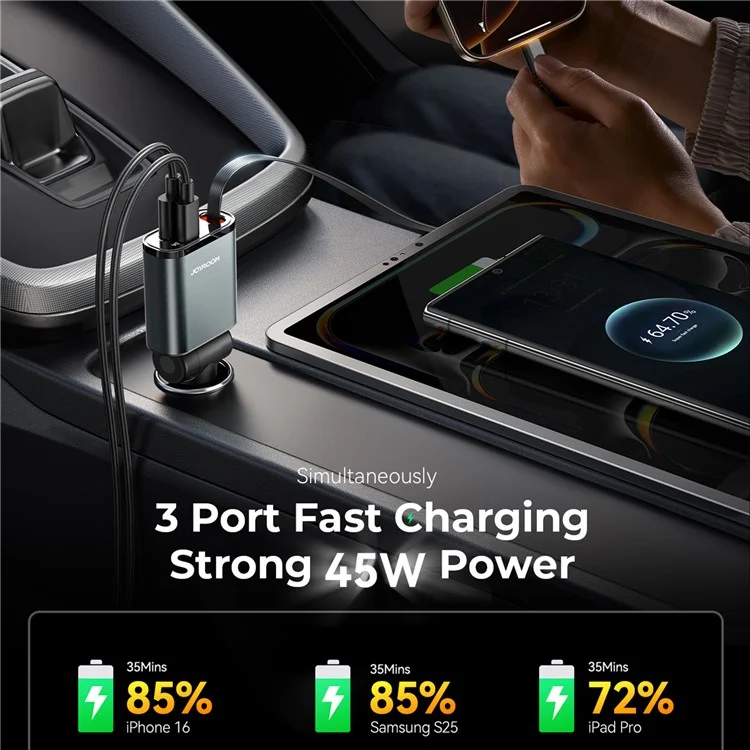 JOYROOM CCL07 45W Car Charger 3 in 1 with Built-In Retractable Type-C Cable Fast Charging for Multiple Devices