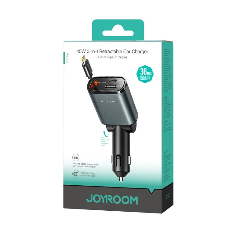 JOYROOM CCL07 45W Car Charger 3 in 1 with Built-In Retractable Type-C Cable Fast Charging for Multiple Devices