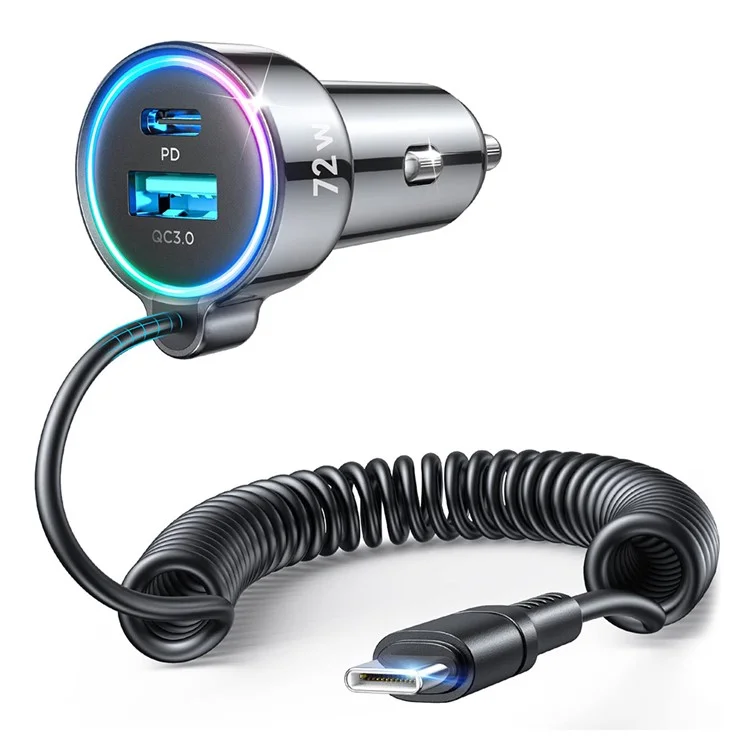 JOYROOM CL07 3 in 1 Car Charger 72W Fast Charging with Built-In Type-C Spring Cable
