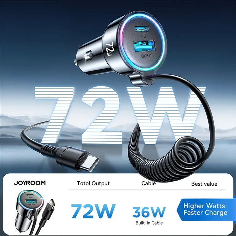 JOYROOM CL07 3 in 1 Car Charger 72W Fast Charging with Built-In Type-C Spring Cable