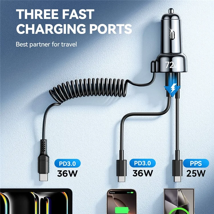 JOYROOM CL07 3 in 1 Car Charger 72W Fast Charging with Built-In Type-C Spring Cable