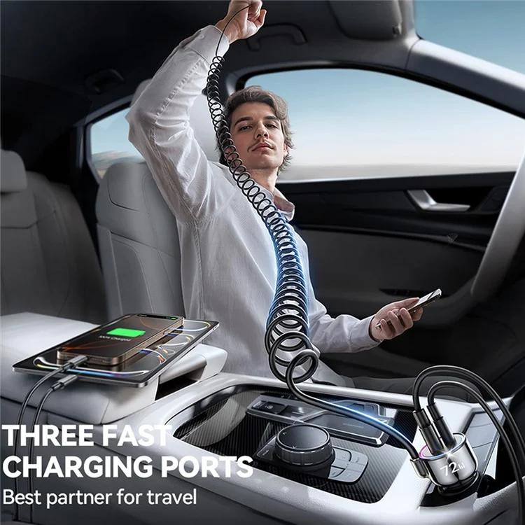 JOYROOM CL07 3 in 1 Car Charger 72W Fast Charging with Built-In Type-C Spring Cable