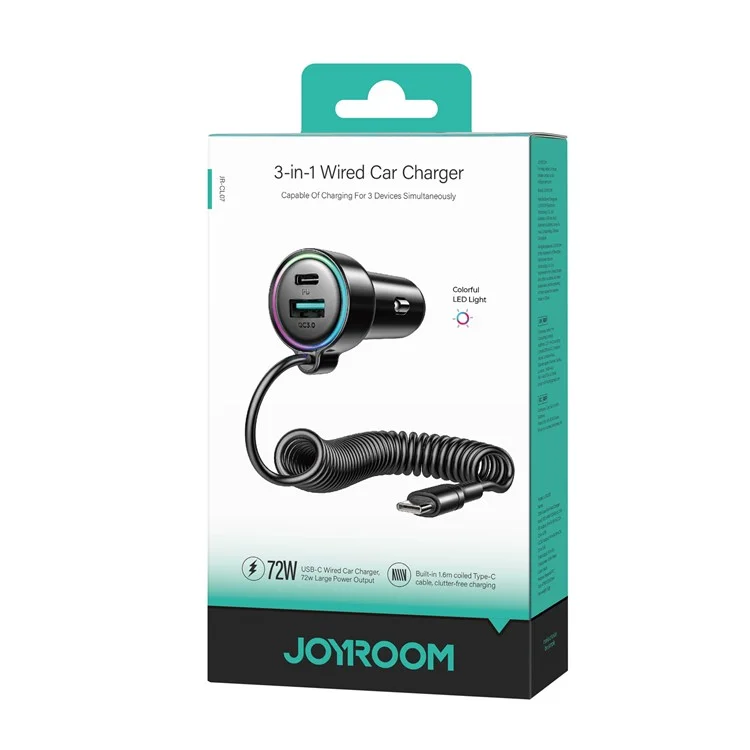 JOYROOM CL07 3 in 1 Car Charger 72W Fast Charging with Built-In Type-C Spring Cable