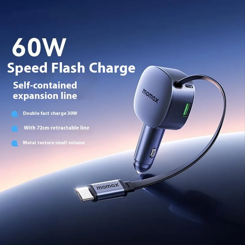 MOMAX 60W Kfz-Ladegerät USB-C + USB-A Schnellladegerät mit einziehbarem USB-C-Kabel - Dunkelgrau