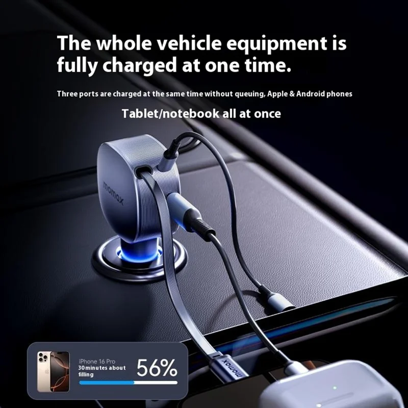 MOMAX 60W Kfz-Ladegerät USB-C + USB-A Schnellladegerät mit einziehbarem USB-C-Kabel - Dunkelgrau