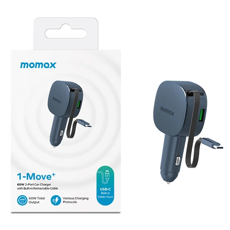MOMAX 60W Kfz-Ladegerät USB-C + USB-A Schnellladegerät mit einziehbarem USB-C-Kabel - Dunkelgrau