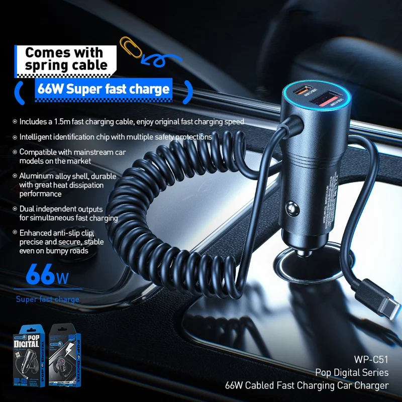 WEKOME WP-C51 USB + Type C Dual Ports 66W Fast Charging Car Charger Built In 1.5m Type C Spring Cable