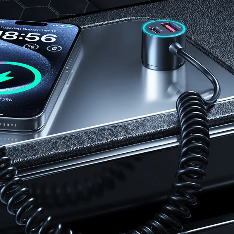 WEKOME WP-C51 USB + Type C Dual Ports 66W Fast Charging Car Charger Built In 1.5m Type C Spring Cable