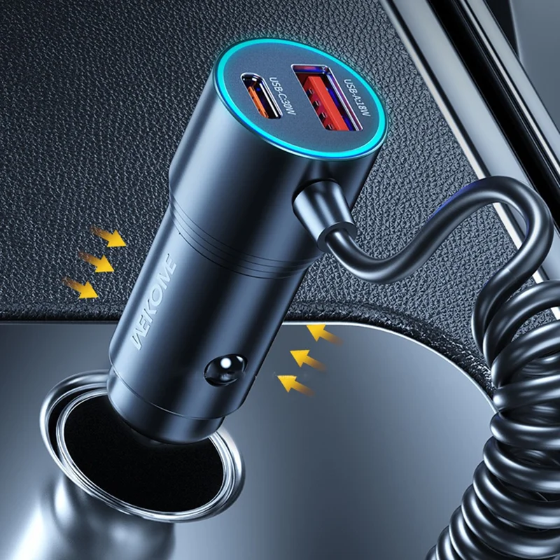 WEKOME WP-C51 USB + Type C Dual Ports 66W Fast Charging Car Charger Built In 1.5m Type C Spring Cable