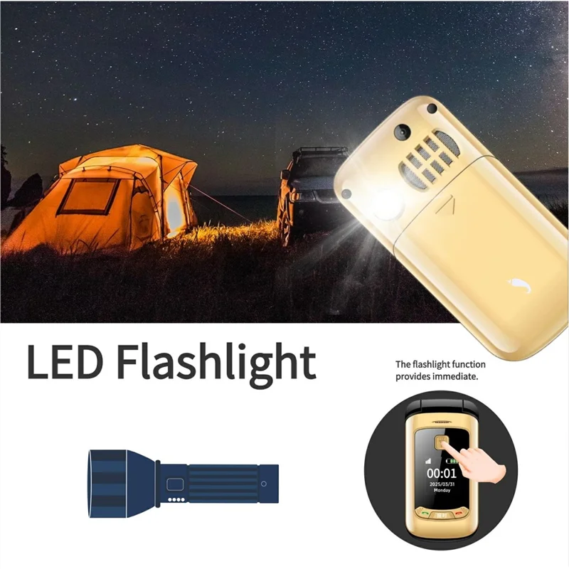 G660 Dual Screen Flip Phone Large Keypad Long Battery Life SOS FM Radio MP3 Player 2G Phone - Gold