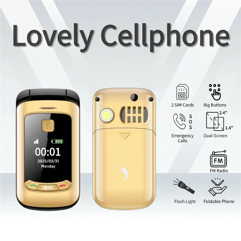 G660 Dual Screen Flip Phone Large Keypad Long Battery Life SOS FM Radio MP3 Player 2G Phone - Gold
