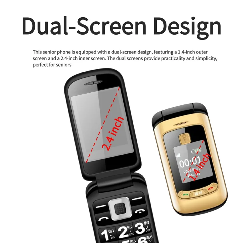 G660 Dual Screen Flip Phone Large Keypad Long Battery Life SOS FM Radio MP3 Player 2G Phone - Gold