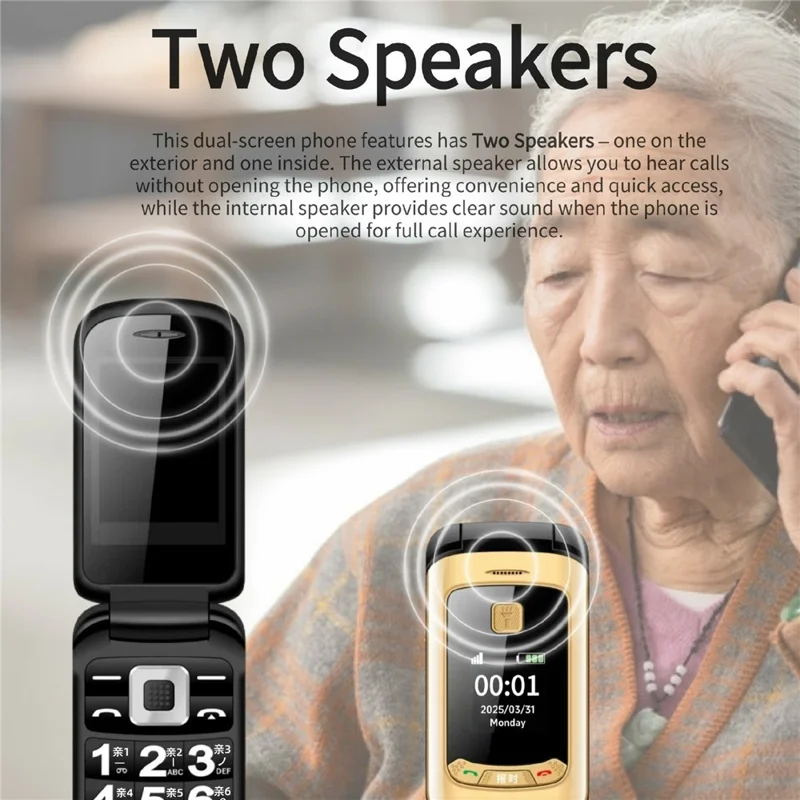 G660 Dual Screen Flip Phone Large Keypad Long Battery Life SOS FM Radio MP3 Player 2G Phone - Gold
