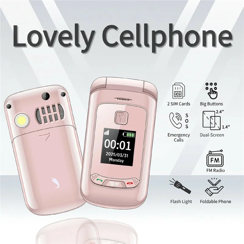 G660 Dual Screen Flip Phone Large Keypad Long Battery Life SOS FM Radio MP3 Player 2G Phone - Pink